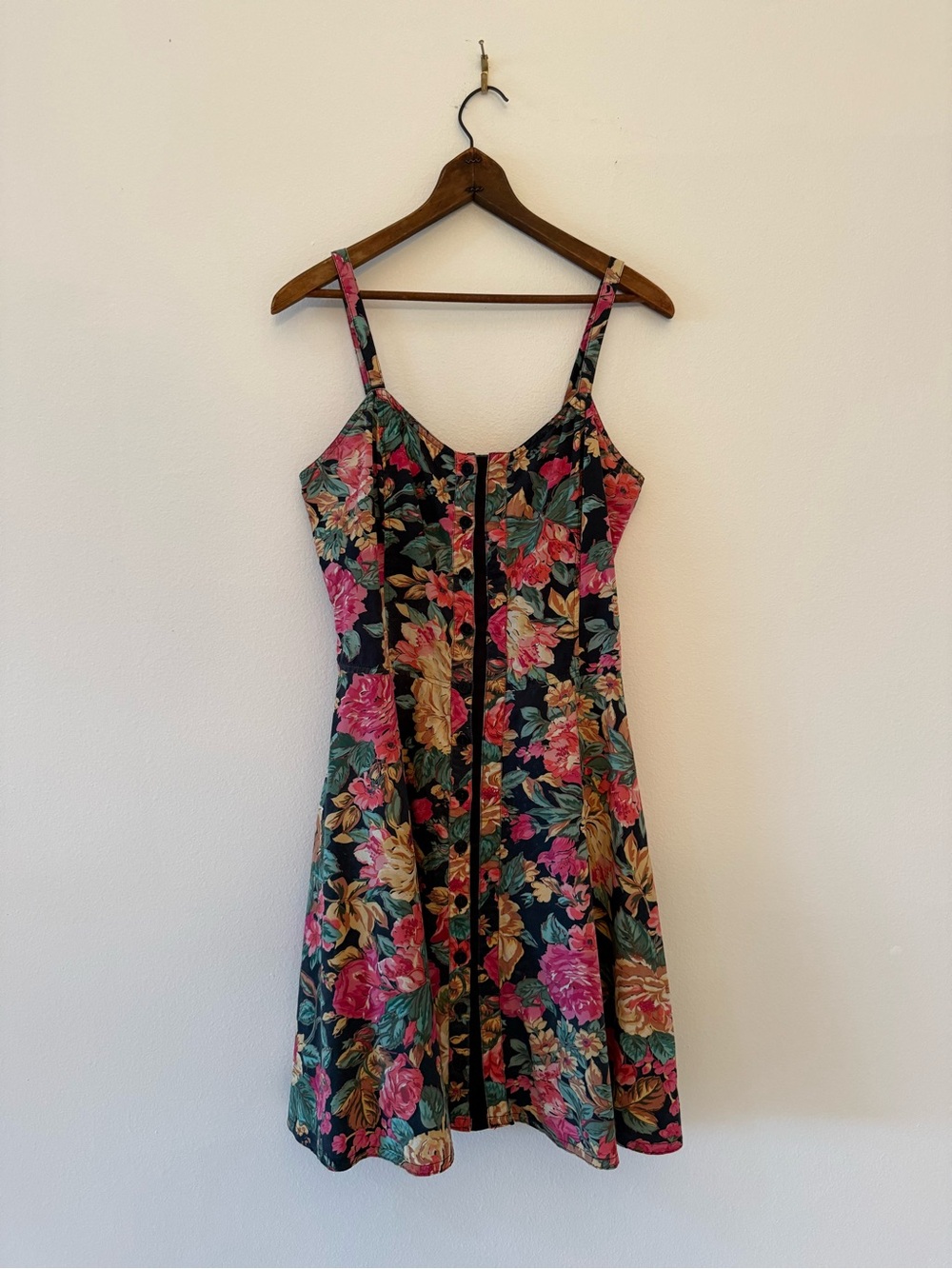 VTG 90s Starina Floral Fit & Flare Button Cotton Sundress Pockets M Boho Grunge